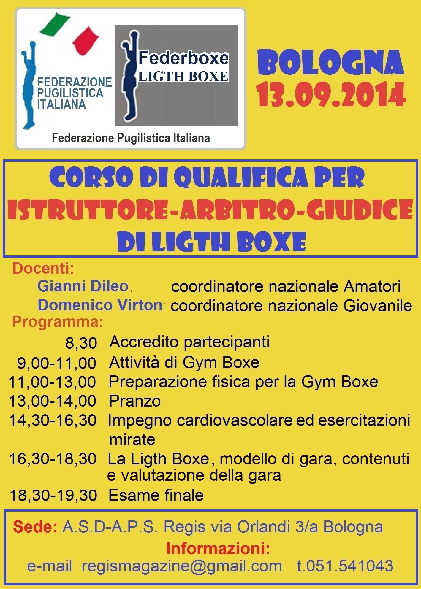#PrePugilistica: Sabato 13 settembre a Bologna Corso per Istruttore-Giudice-Arbitro Light Boxe