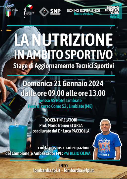 Domenica 21 Gennaio a Limbiate (MB) Stage di Aggiornamento Tecnico "Nutrizione in Ambito Sportivo"