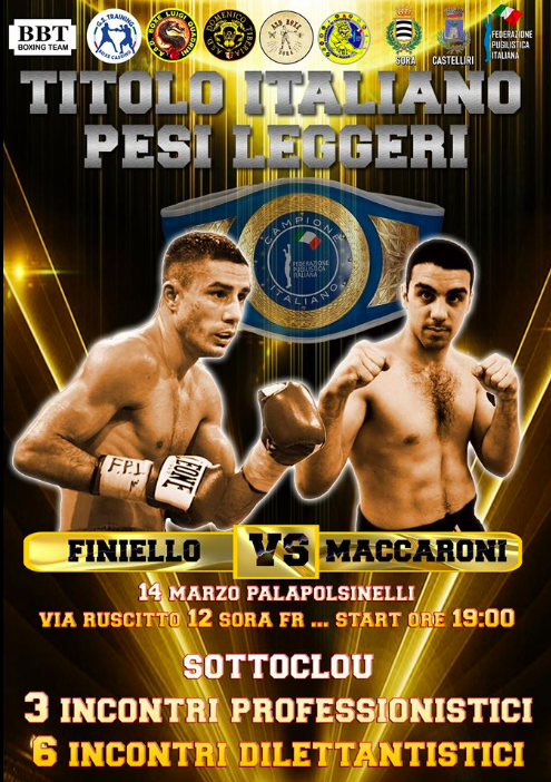 Il 14 marzo a Sora (FR) Maccaroni vs Finiello per il Titolo Italiano Leggeri #ProBoxe 