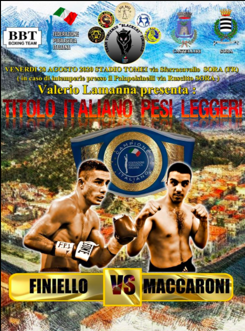Venerdì 28 agosto a Sora il Campionato Italiano pesi leggeri Finiello – Maccaroni