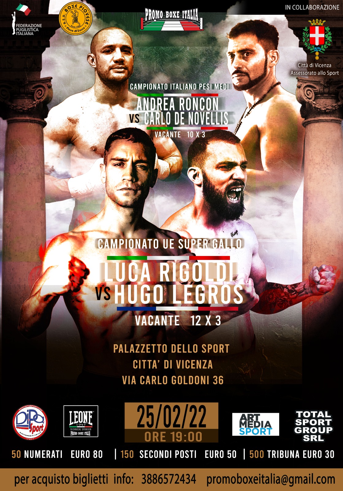 Vicenza Boxing Night 25/2/2022: Rigoldi sul RIng per l'UE dei SuperGallo, Roncon vs DeNovellis per il Tricolore dei Medi