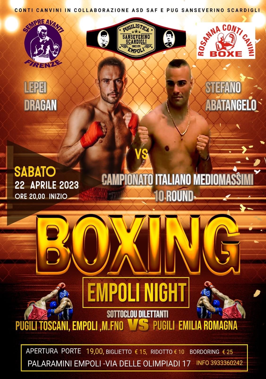 il 22 aprile a Empoli Abatangelo vs Lepei per il titolo italiano Mediomassimi - INFO TICKET 