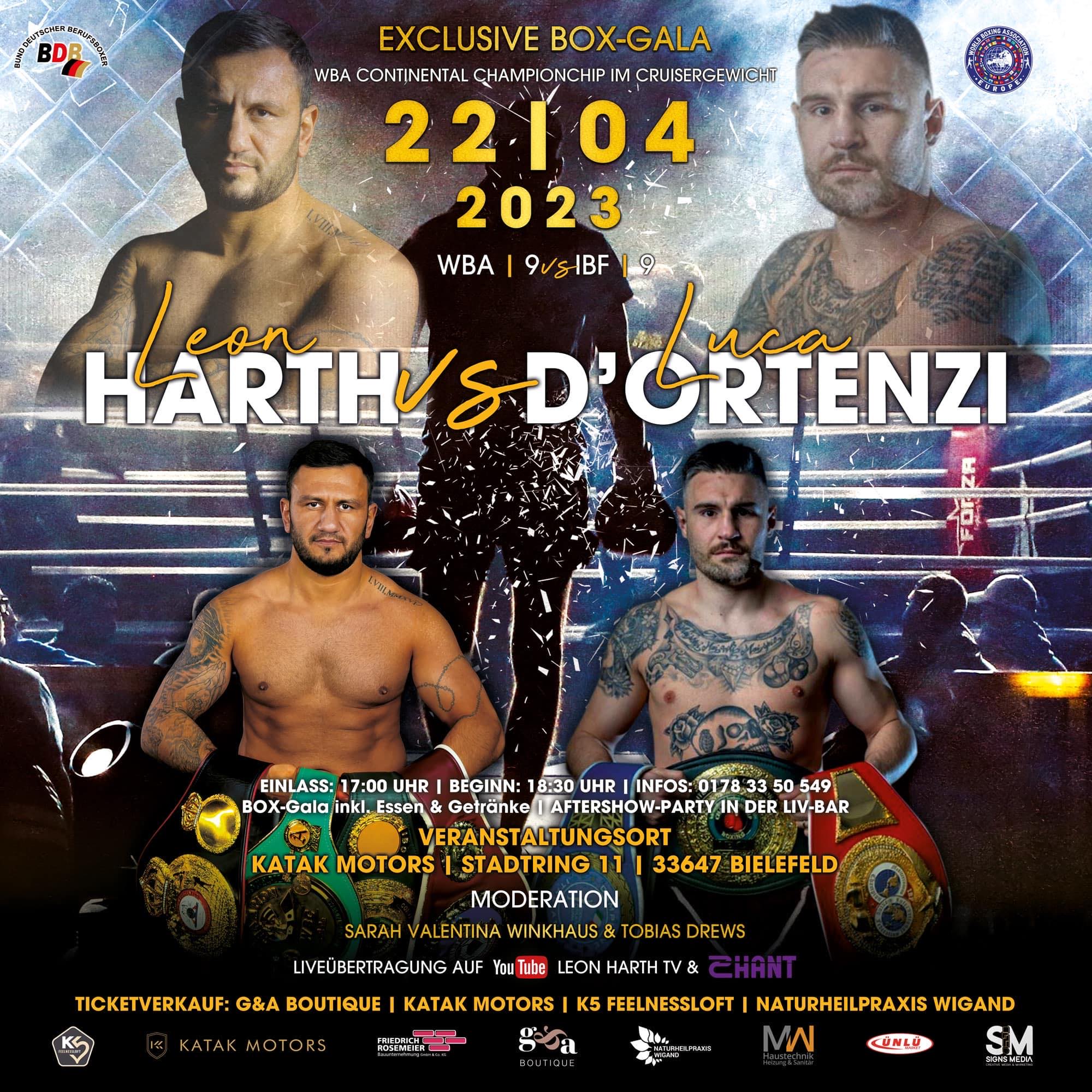 Il 22 aprile a Bielefeld (Germania) D'Ortenzi vs Hart per il titolo WBA continentale Cruiser