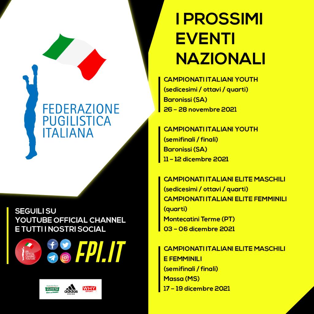 CAMPIONATI ITALIANI YOUTH MASCHILI & ASSOLUTI M/F 2021 - DATE E LUOGHI DI SVOLGIMENTO 