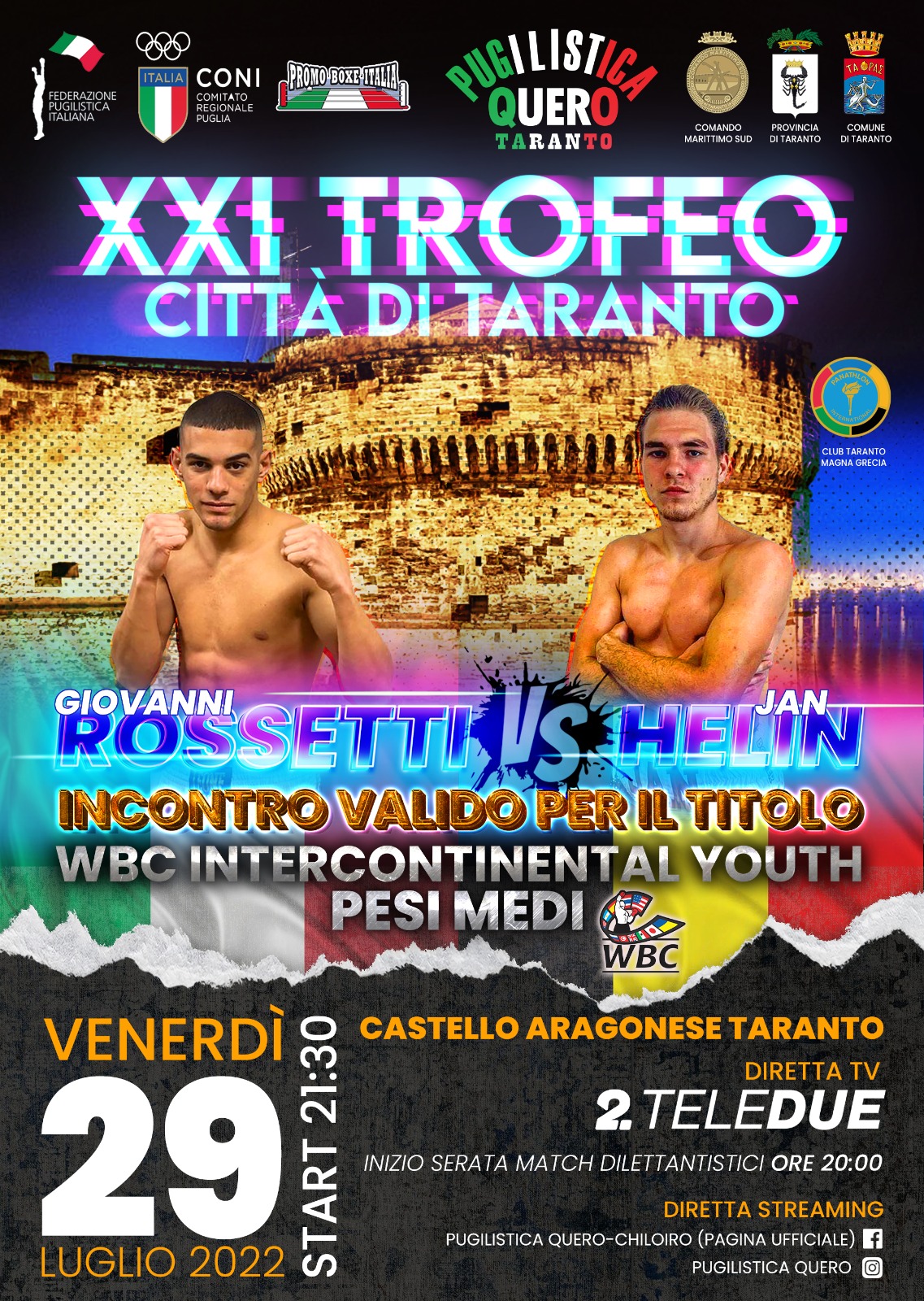 Il 29 luglio la XXI Ed. Trofeo Città di Taranto - Main event Rossetti vs Helin per il WBC Int. Youth Pesi Medi