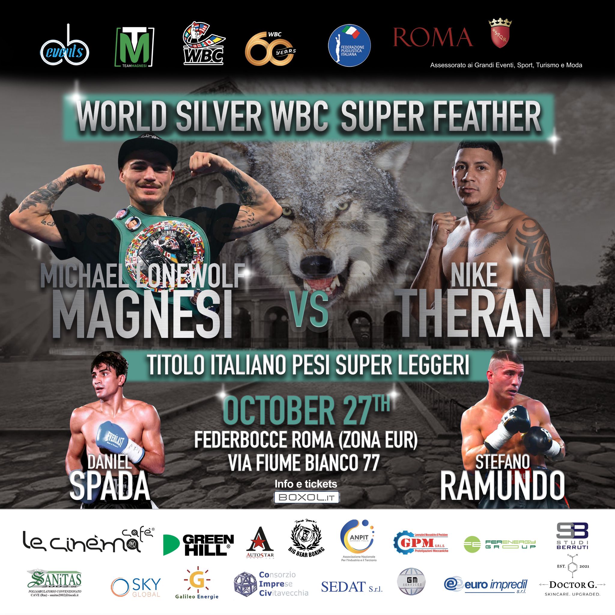 Il 27 ottobre a Roma Michael Magnesi per la difesa del Mondiale Silver WBC Superpiuma, Spada vs Ramundo per l'Italiano Superleggeri 