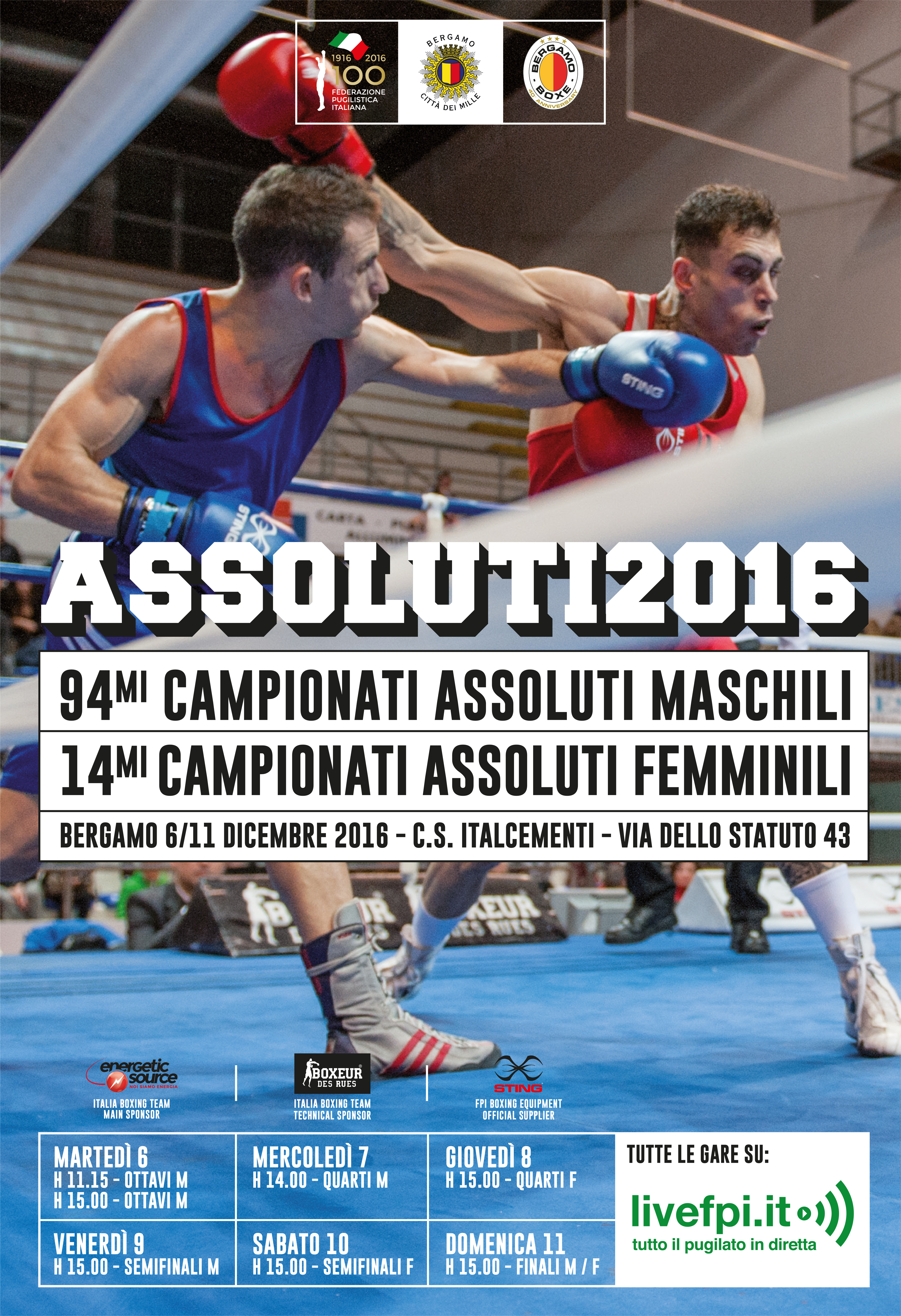 Campionati Assoluti M/F 2016 Bergamo 6-11 Dicembre: La Locandina Ufficiale #Assoluti2016