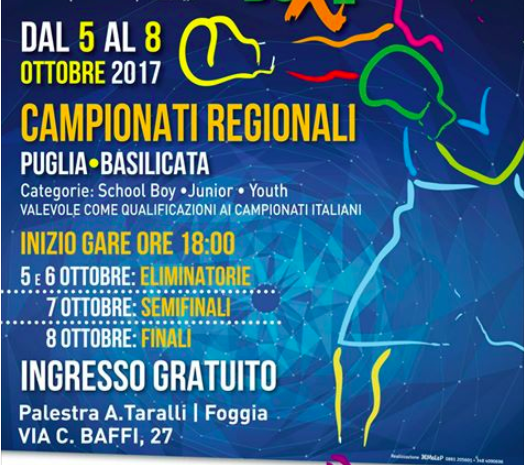 A Foggia dal 5 all'8 Ottobre le Fasi Regionali CR Puglia-Basilicata dei Campionati Italiani Junior Youth Schoolboy 2017