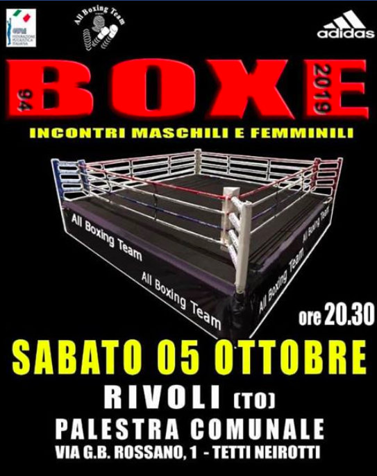 Sabato 5 Ottobre a Rivoli (TO) Riunione di Boxe AOB con match Maschili e Femminili 