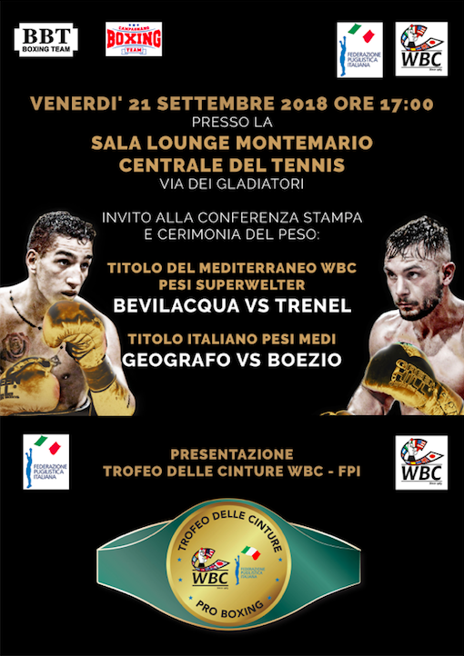 Venerdì 21 settembre la presentazione del Grande evento di Boxe BBT del Foro Italico e del Trofeo Delle Cinture WBC-FPI 