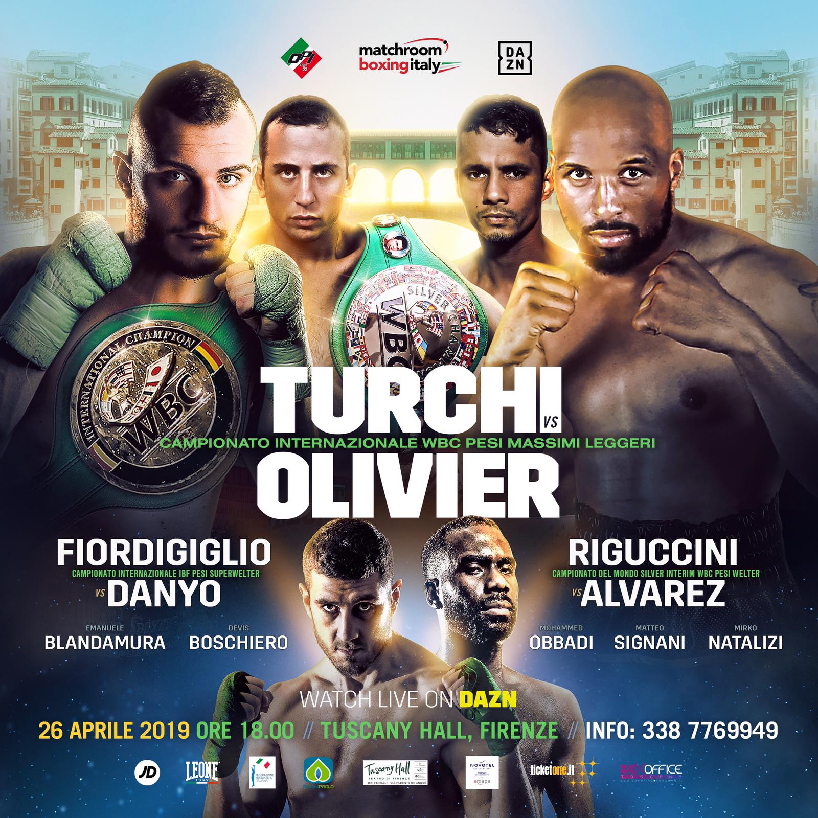 E’ caccia al biglietto per la grande serata di boxe del 26 aprile a Firenze: nel clou Fabio Turchi contro Jean Jacques Olivier per il titolo internazionale dei pesi massimi leggeri WBC