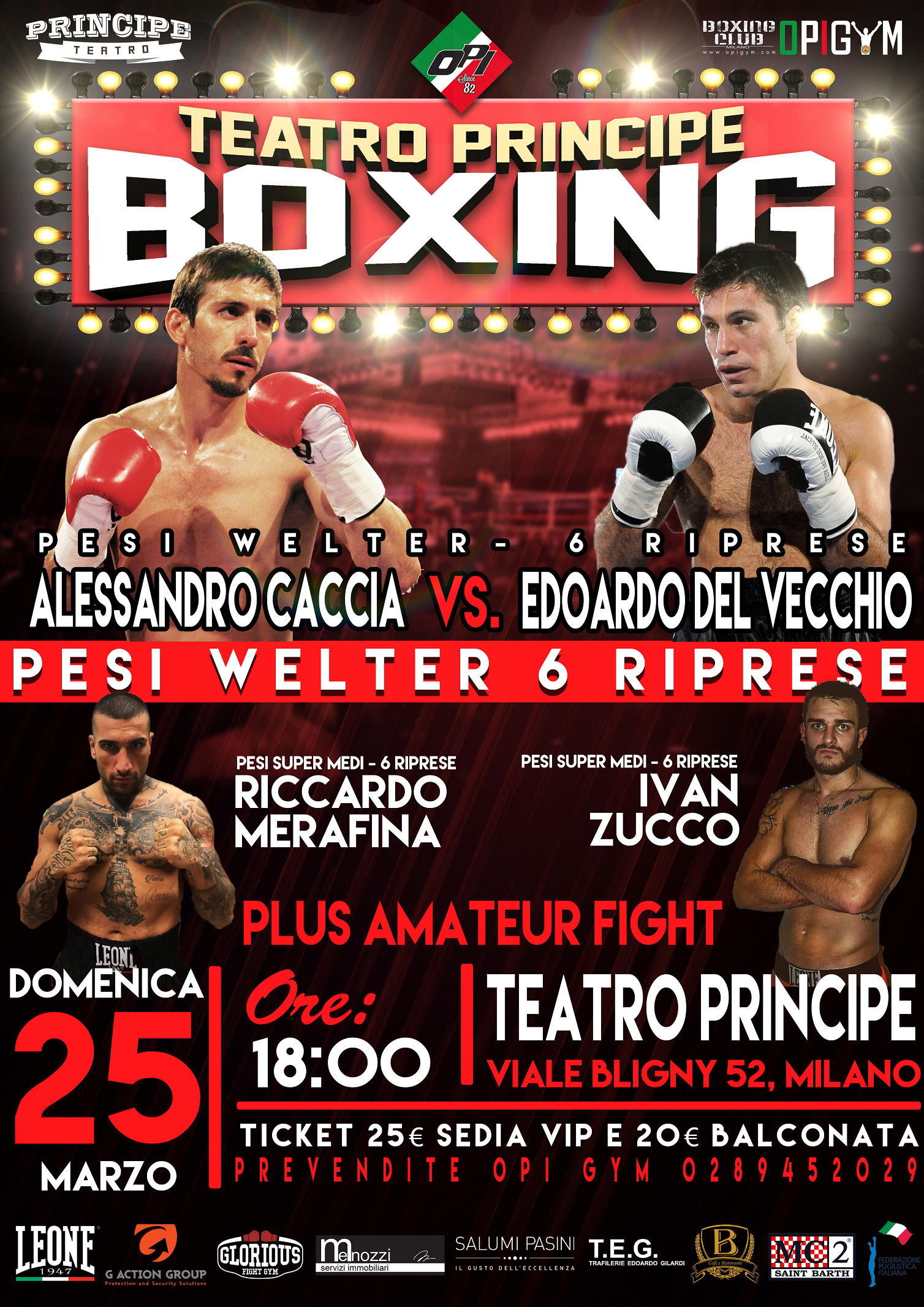 Il 25 marzo torna la boxe al teatro Principe: sul ring i Pro Caccia, DelVecchio, Zucco e Merafina