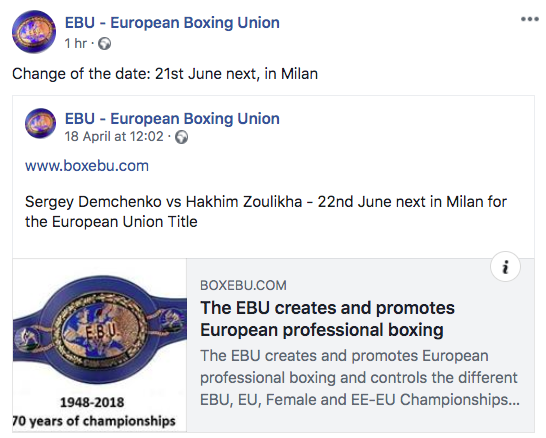 Anticipato al 21 Giugno il Match Demchenko vs Zoulikha per il Titolo UE Medomassimi 