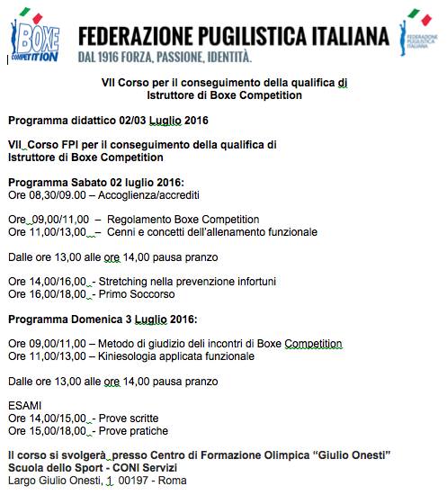 Programma Secondo Modulo VII Corso per istruttori Boxe Competition Roma 2-3 Luglio pv #GymBoxe
