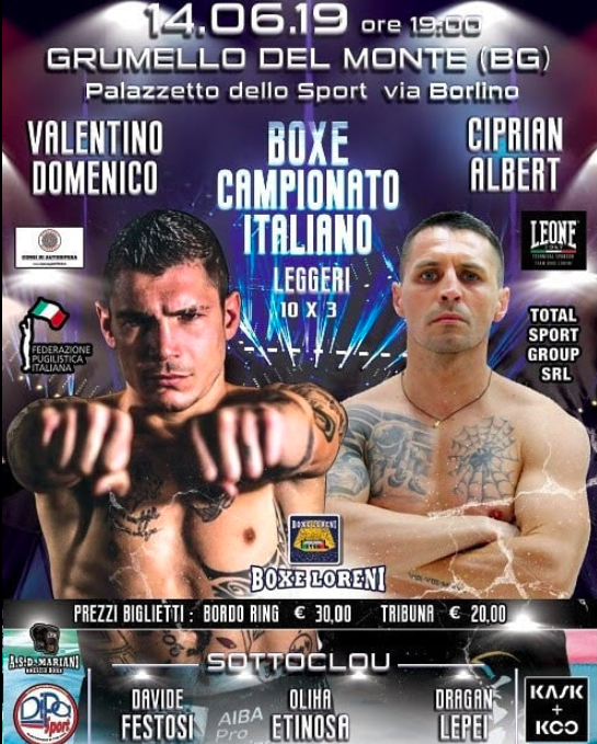 Il 14 Giugno a Grumello del Monte (BG) Valentino vs Albert per il Titolo d'Italia Leggeri - INFO SOTTOCLOU #ProBoxe