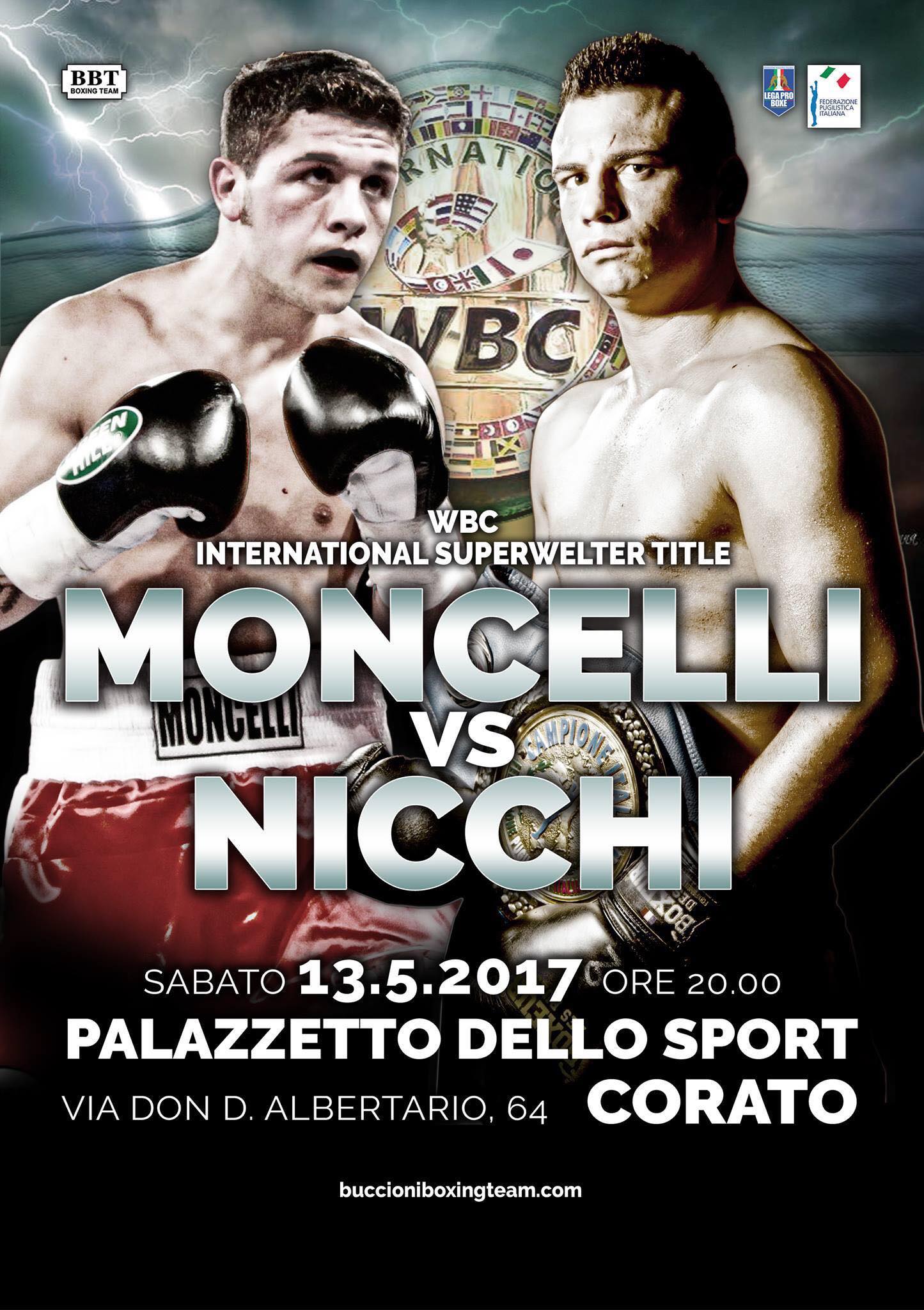 Il PalaSport di Corato il 13 Maggio ospiterà la sfida per il Titolo Int. WBC Superwelter tra Moncelli e Nicchi #ProBoxing