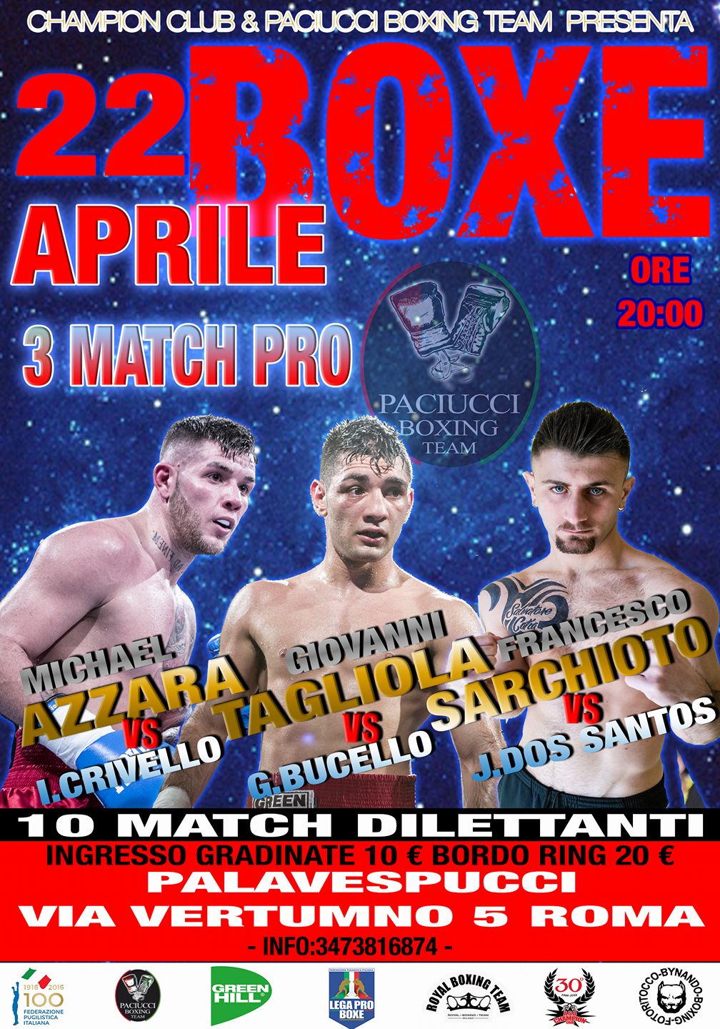 Sabato 22 Aprile Grande Serata di Boxe Pro al PalaSport di Via Vespucci a Roma #ProBoxing