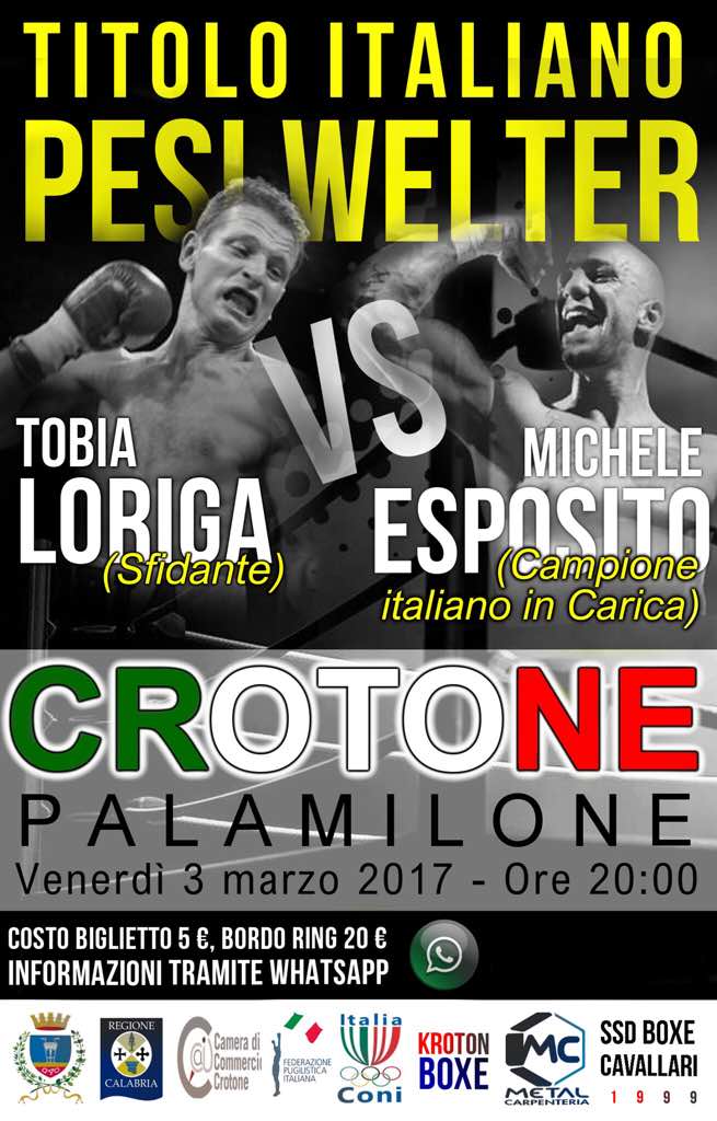 Domani al PalaMilone di Crotone Loriga vs Esposito per il Titolo Italiano Welter - Differita 10 marzo  FightNetwork Italia 