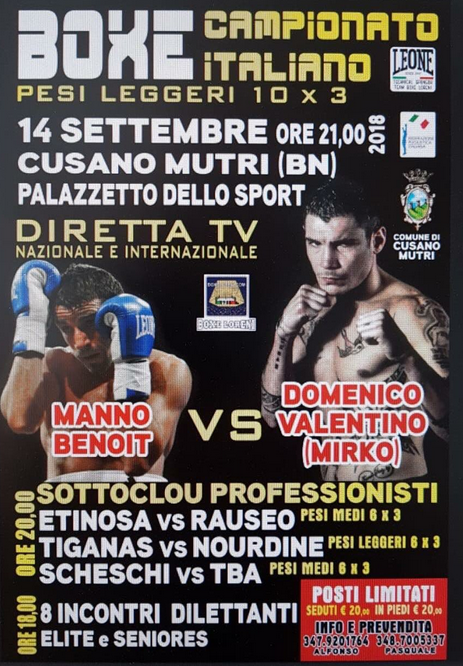 Fight Network Italia trasmetterà in Diretta l'intera serata del 14/9 a Cusano Mutri - Main Event Valentino vs Manno per Titolo Italia Leggeri 