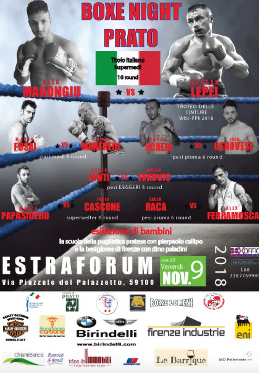 Boxe Night a Prato.Clou Dragan Lepei contro Marongiu TITOLO ITALIANO SUPERMEDI