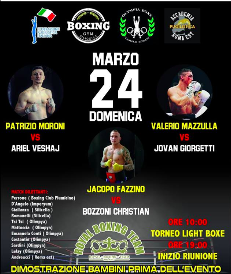Il 24 Marzo a Roma Grande giornata di Boxe: Light Boxe, Match AOB e PRO 