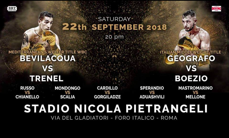 Il 22 settembre al foro Italico Grandissima serata di boxe con in palio due Titoli: Mediterraneo WBC SuperWelter e Italiano Medi INFOTICKET 