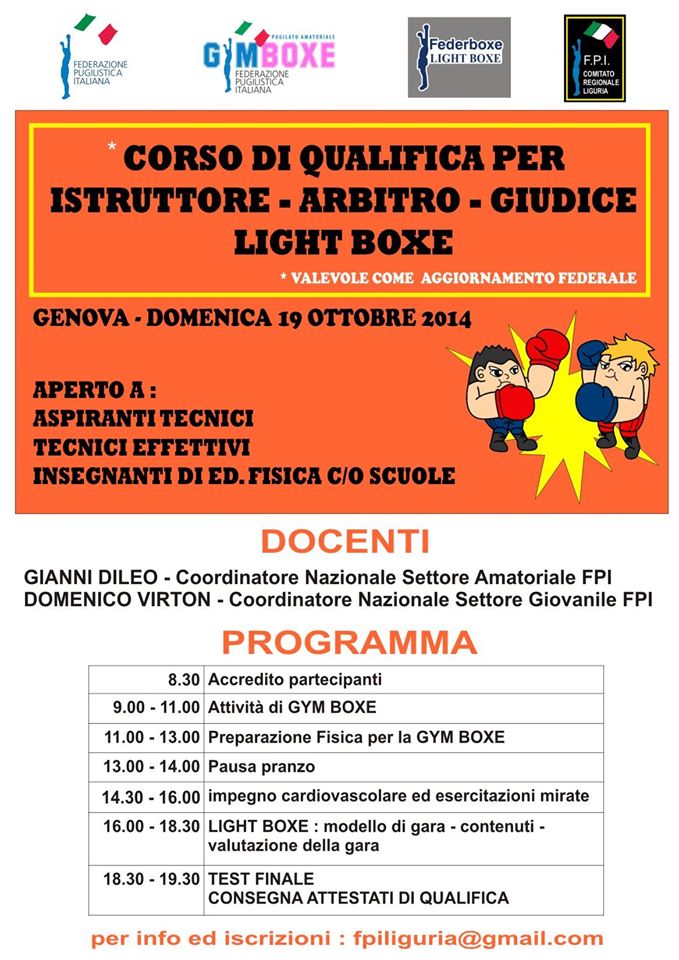 #PrePugilistica: Domenica 19 Ottobre a Genova Corso per Qualifica Istruttore-Giudice-Arbitro Light Boxe