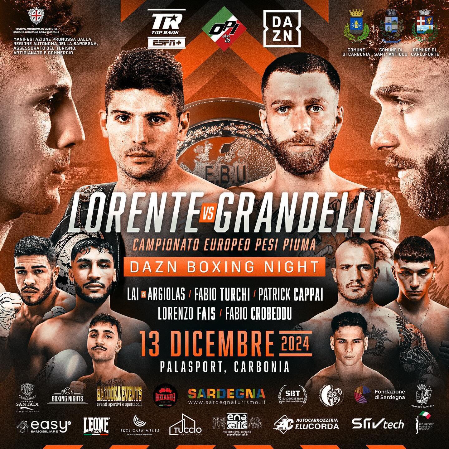 Il 13 dicembre a Carbonia Grandelli vs Lorente per l'Europeo Pesi Piuma - DIRETTA DAZN 