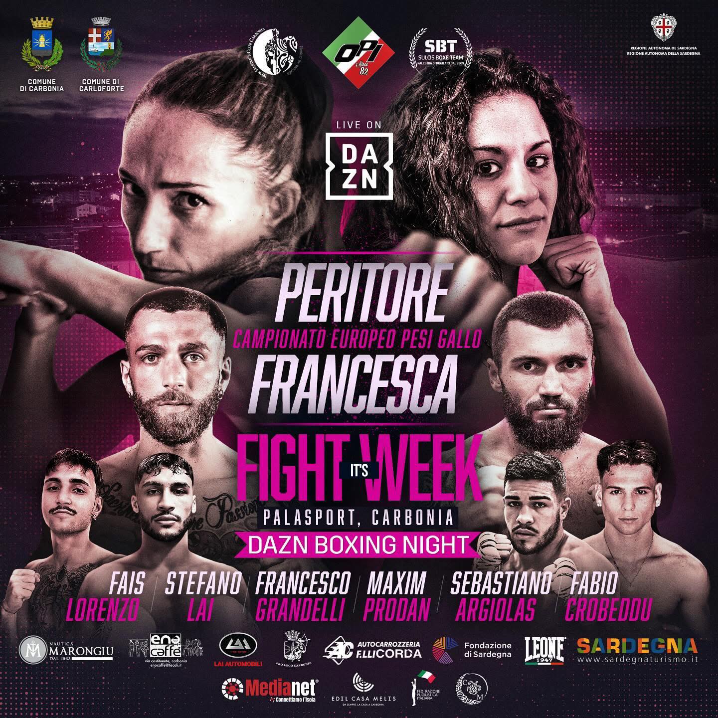 FIGHT WEEK - IL 10 MAGGIO A CARBONIA GLORIA PERITORE CONTRO NATALIA FRANCESCA PER L'EUROPEO DEI GALLO - DIRETTA DAZN