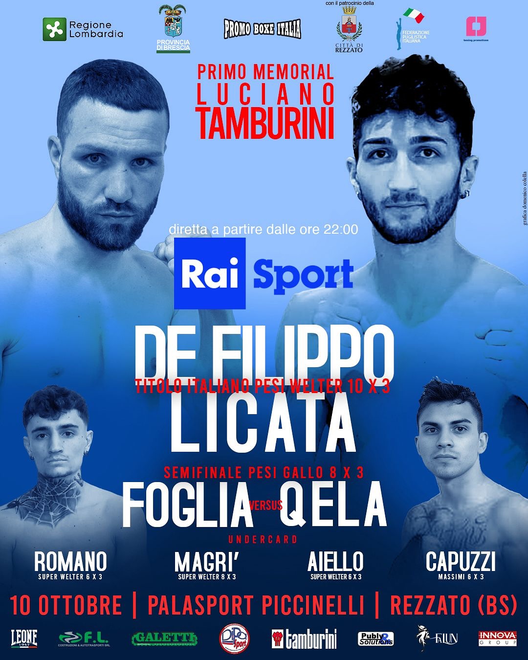 VENERDI' 10 OTTOBRE SU RAISPORT LA DIRETTA DEL TITOLO ITALIANO WELTER DE FILIPPO VS LICATA 