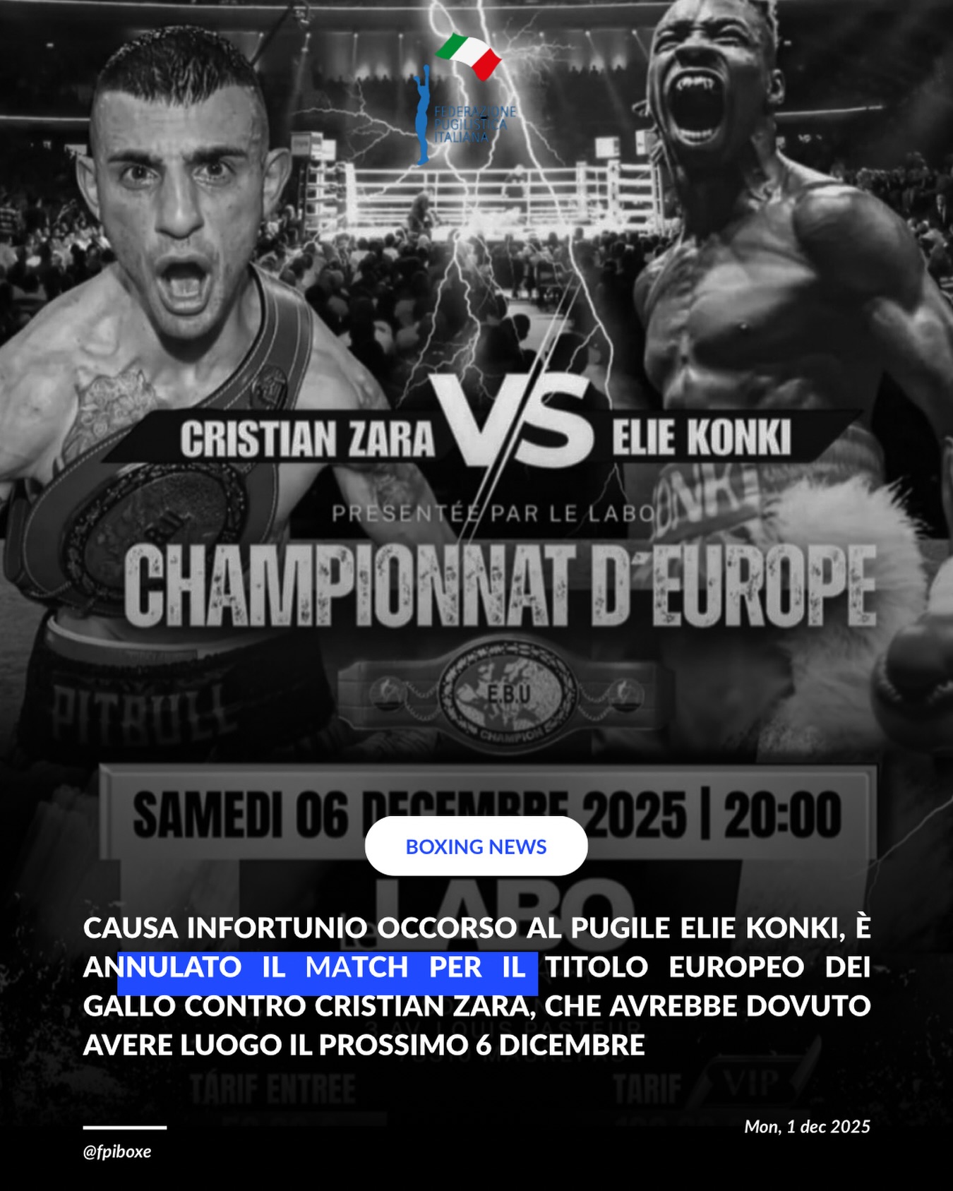 RINVIATO MATCH PER TITOLO EUROPEO DEI GALLLO TRA ZARA E KONKI 