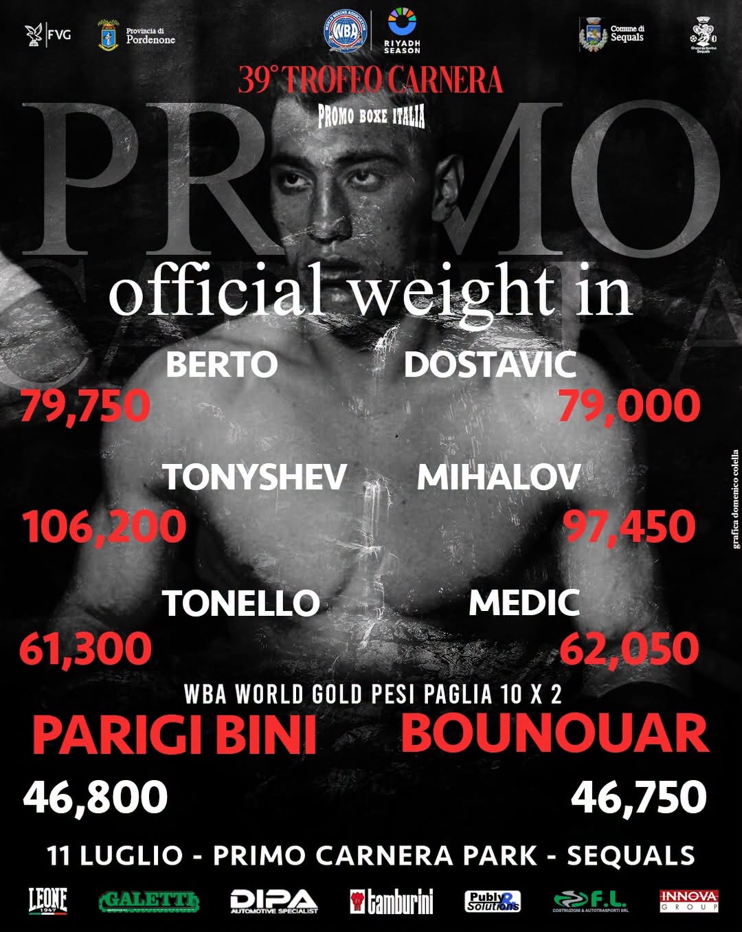 39° Trofeo Primo Carnera - TUTTO PRONTO A SEQUALS PER LA SFIDA PARIGI BINI VS BOUNOUAR CON IN PALIO IL WBA GOLD DEI PIUMA 