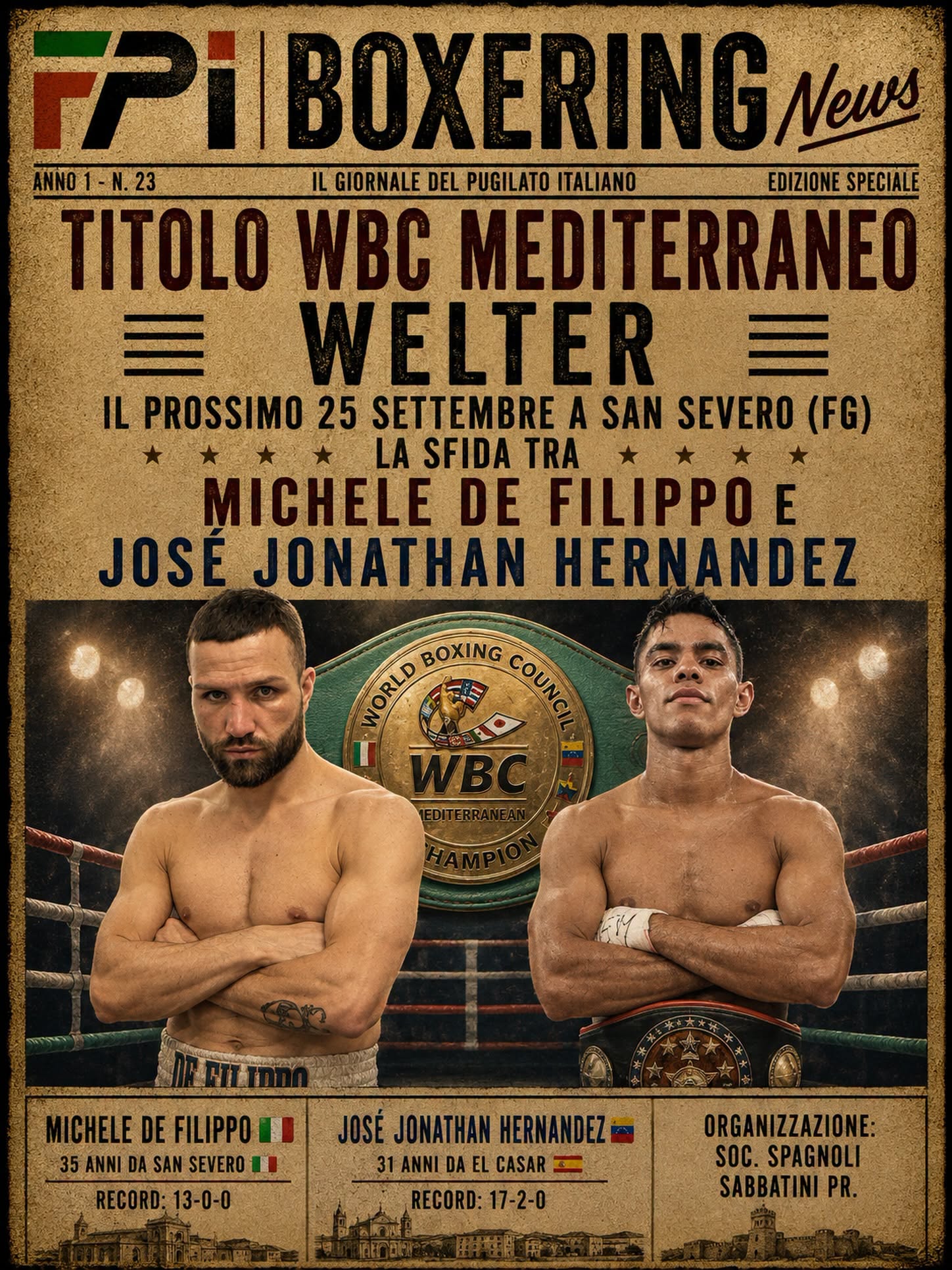 TITOLO WBC MEDITERRANEO WELTER | 25 Settembre a San Severo De Filippo vs Hernandez 
