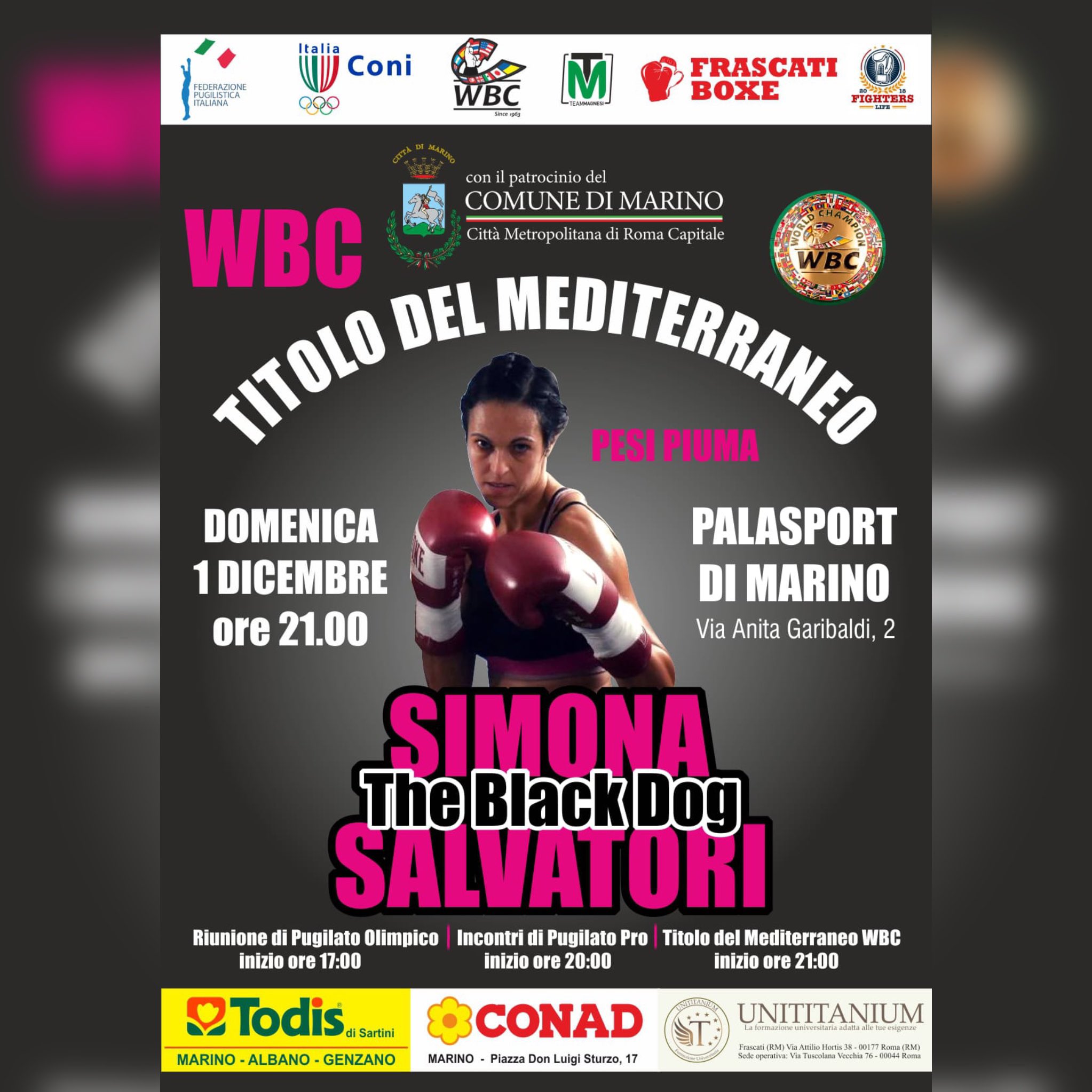 Titolo WBC Mediterraneo Pesi Piuma: IL PROSSIMO 1 DICEMBRE SUL RING DI MARINO LA NOSTRA SIMONA BLACK DOG SALVATORI 
