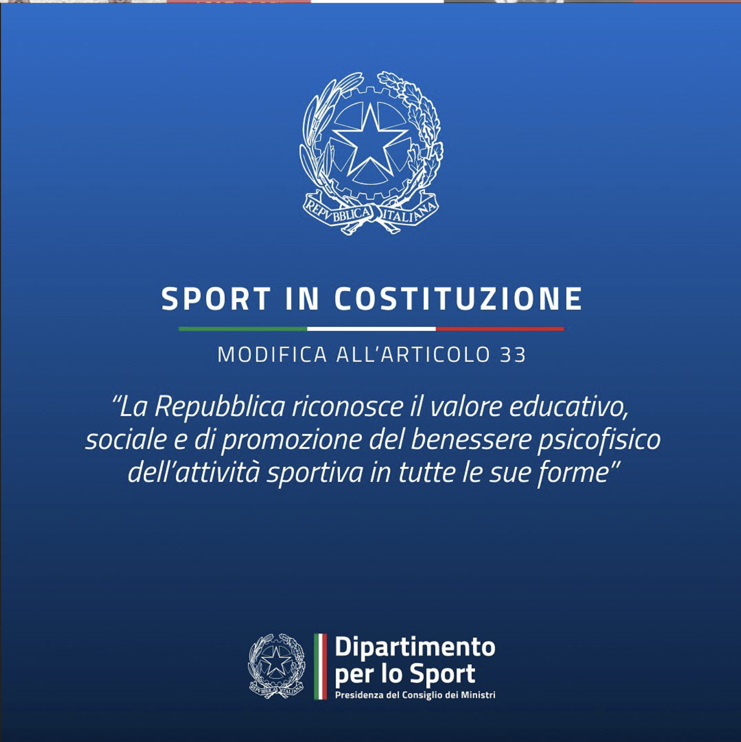 “SPORT IN COSTITUZIONE” AL VIA LA CAMPAGNA TV SULL’ARTICOLO 33