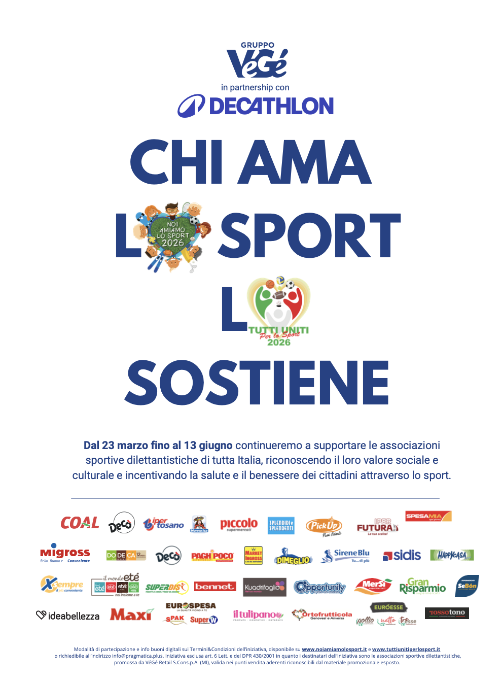 DAl 23 marzo al via la Campagna "NOI AMIAMO LO SPORT" del Gruppo Vegè a sostegno del ASD/SSD - 