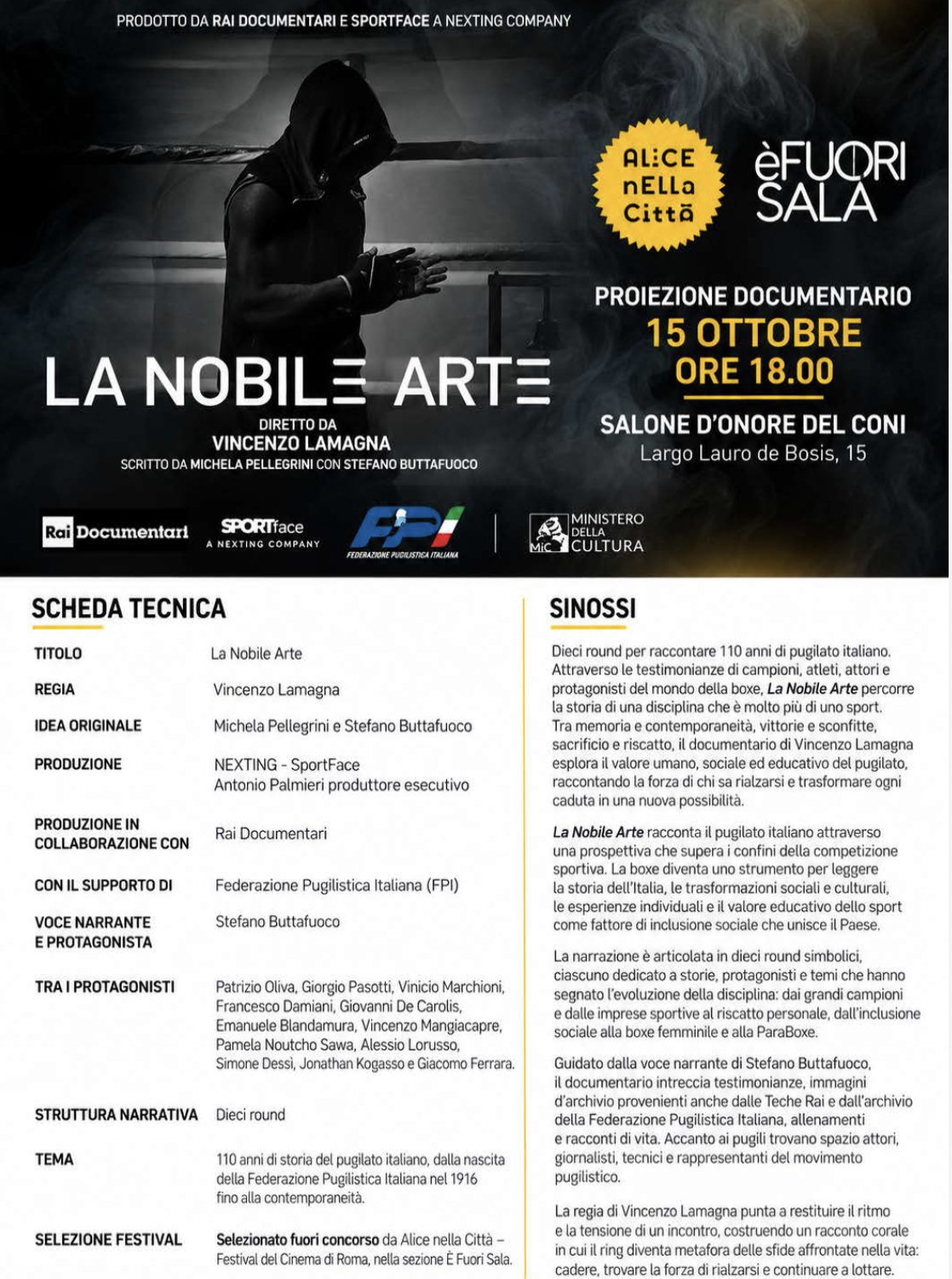 “La Nobile Arte” - DocuFIlm sui 110 Anni FPI - GIOVEDI' 15 Ottobre la presentazion al Salone d'Onore del CONI 