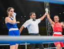 gemini melissa  ita  in red and isildar busra  tur  in blue competes in the boxing road to paris 2nd world qualification tournament in bangkok  tha  in the women s 75kg event on 1 june 2024.
