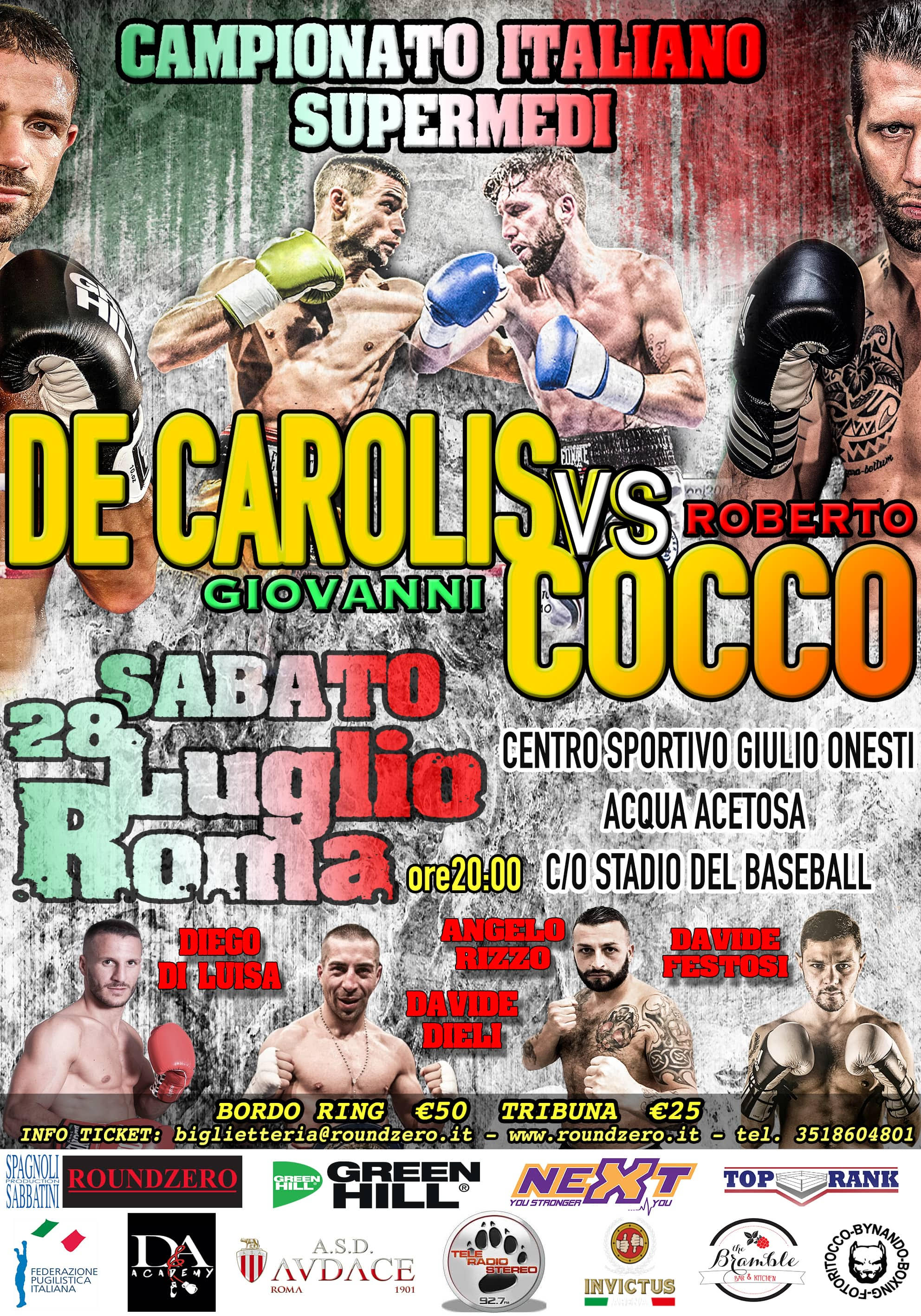 ROMA SUMMER  BOXING GALA  VACANTE TITOLO ITALIANO -  PESI SUPERMEDI  - DE CAROLIS VS COCCO 28 LUGLIO 2018