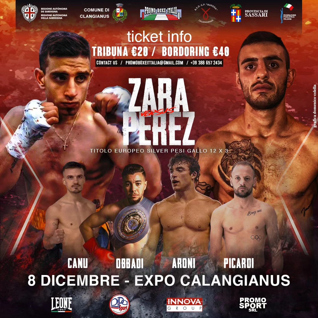 L'8 dicembre a Calangianus ZARA VS PEREZ PER L'EBU SILVER GALLO - GRANDE SERATA PRMO BOXE ITALIA 