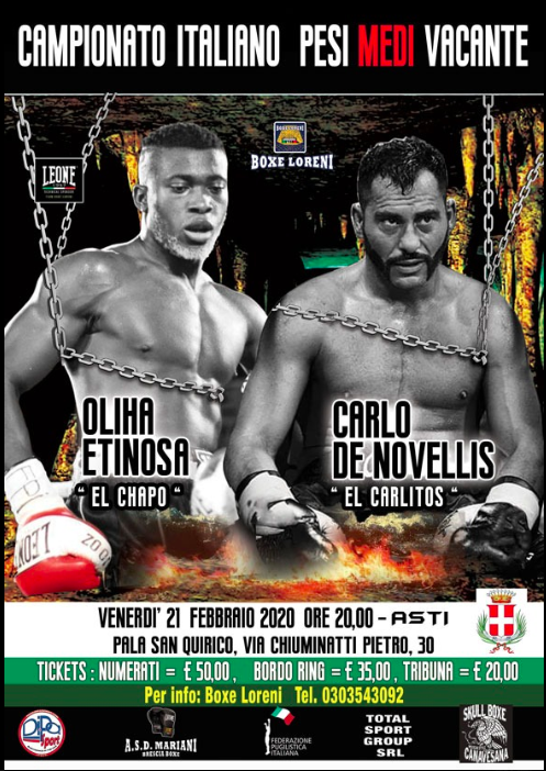 Il 21 Febbraio ad Asti Etinosa vs DeNovellis per il Titolo Italiano Medi - INFOTICKET #ProBoxe