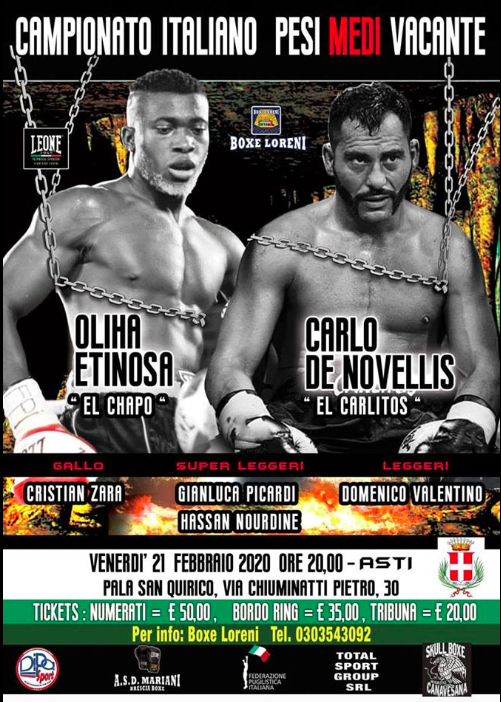 Il 21 Febbraio ad Asti Etinosa vs DeNovellis per il Titolo Italiano Medi - INFOSOTTOCLOU & Ticket #ProBoxe