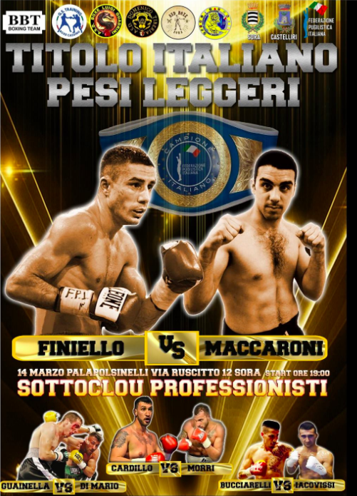 Il 14 marzo a Sora (FR) Maccaroni vs Finiello per il Titolo Italiano Leggeri - INFO SOTTOCLOU#ProBoxe