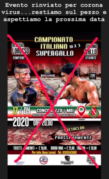 Emergenza Coronavirus - RINVIATO Match per Titolo Italiano Supergallo LoRusso vs Gallo 