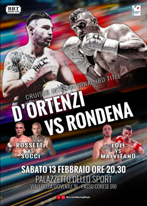 Il 13 Febbraio pv a Passo Corese D'Ortenzi vs Rondena per il Titolo Int. IBO Cruiser 