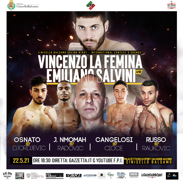 Sabato 22 Maggio Grande Boxe a Cinesello Balsamo con diretta Gazzetta.it e Youtube FPIOfficialChannel