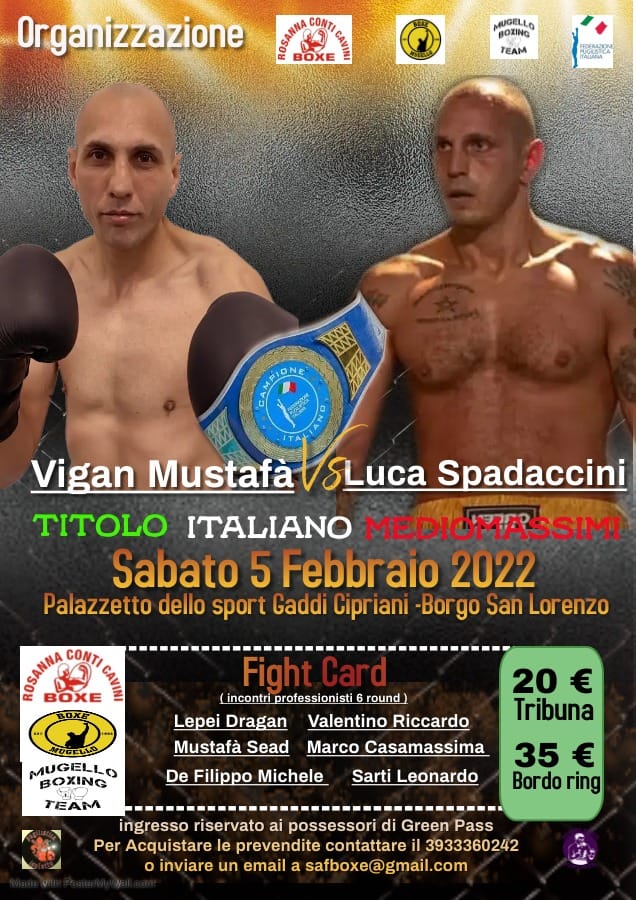 Borgo San Lorenzo Boxing Night: il 5 Febbraio Spadaccini vs Mustafa per il Titolo Italiano Mediomassimi - INFO TICKET 