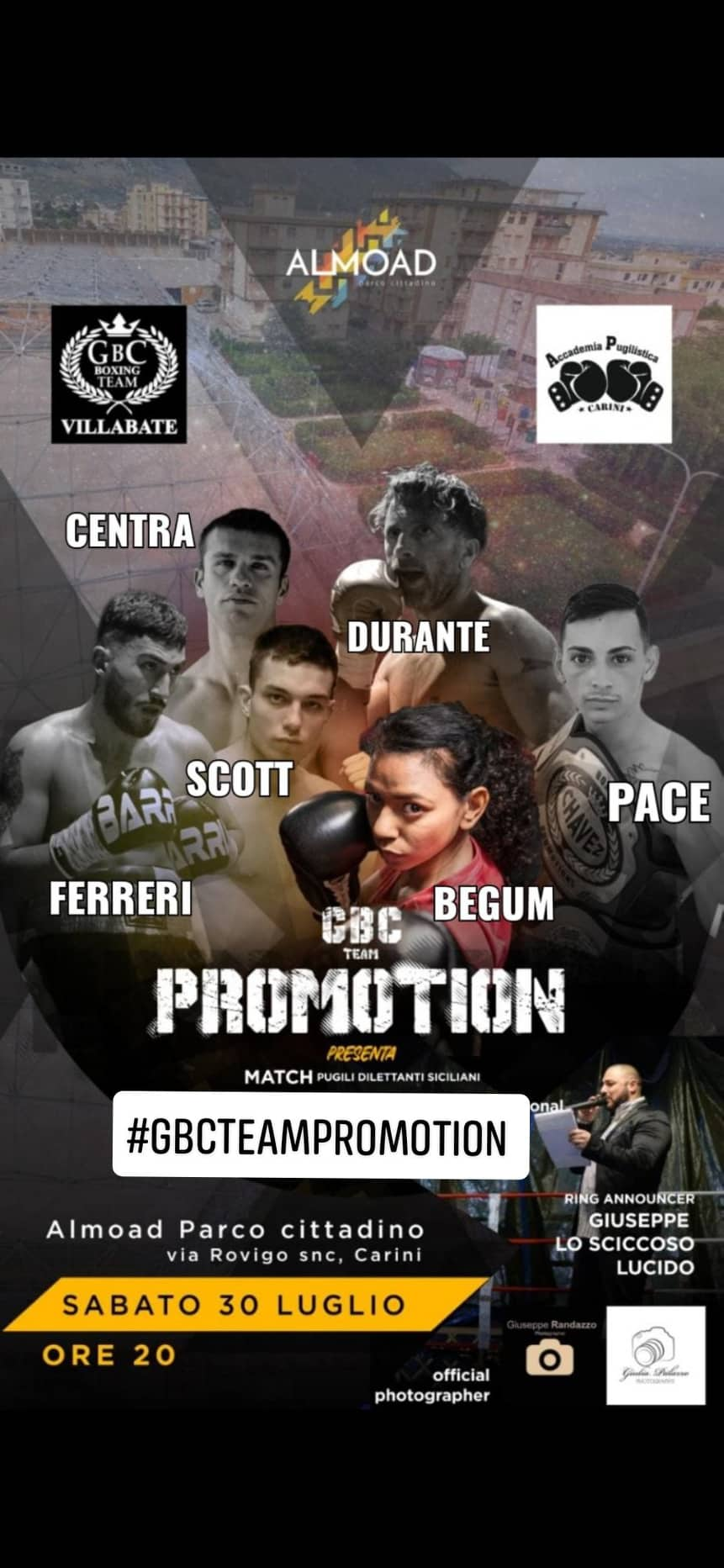 Il 30 luglio a Carini grande serata di Boxe Pro targata GCB Prom. & ACC. PUg. Carini 