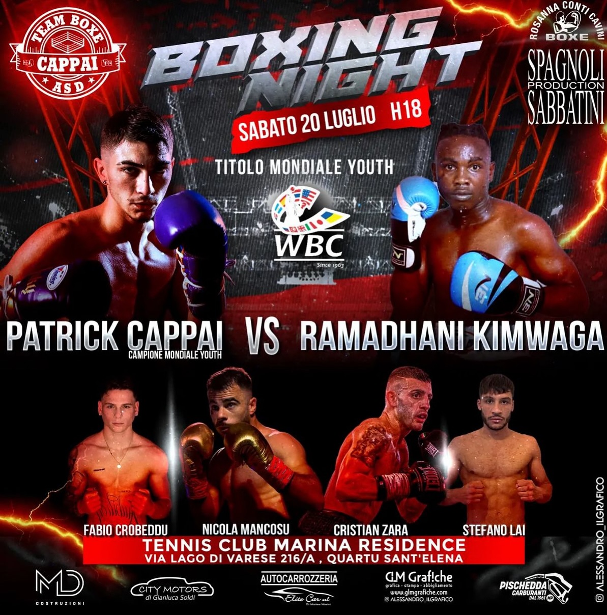 TITOLO WBC YOUTH PIUMA: DOMANI 20 LUGLIO CAPPAI VS KIMWAGA A QUARTU SANT'ELENA - PROGRAMMA COMPLETO