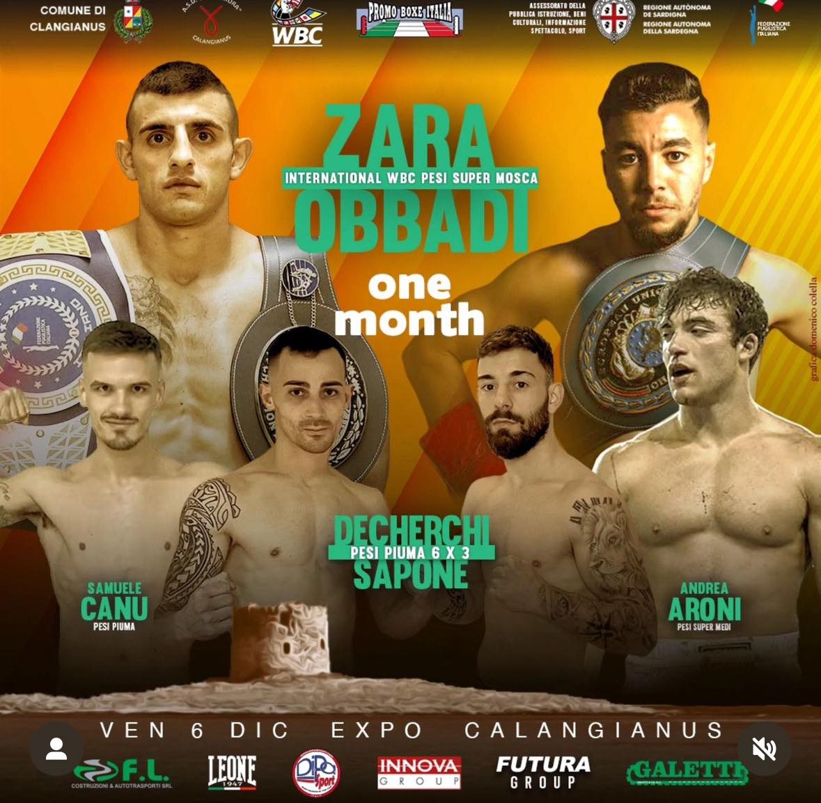 Un mese al grande evento Promo Boxe Italia di Calangianus - MATCH CLOU ZARA VS OBBADI PER IL WBC INT. SUPERMOSCA